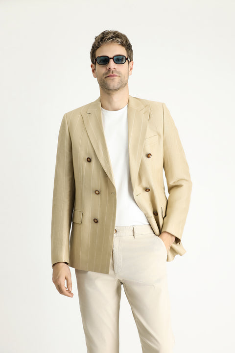 Orta Bej 6 Drop Regular Fit Standart Kesim Kruvaze Çizgili Keten Karışımlı Ceket