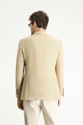  Orta Bej Regular Fit Kruvaze Çizgili Keten Karışımlı Ceket