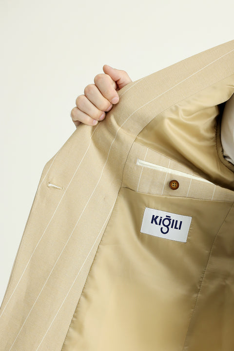 Orta Bej 6 Drop Regular Fit Standart Kesim Kruvaze Çizgili Keten Karışımlı Ceket