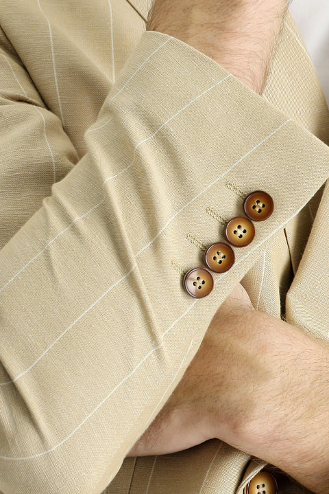 Orta Bej 6 Drop Regular Fit Standart Kesim Kruvaze Çizgili Keten Karışımlı Ceket