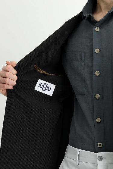 Siyah Super Slim Fit Ekstra Dar Kesim Gofre Ceket
