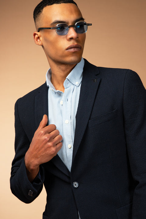 Orta Lacivert 7 Drop Super Slim Fit Eksra Dar Kesim Gofre Ceket