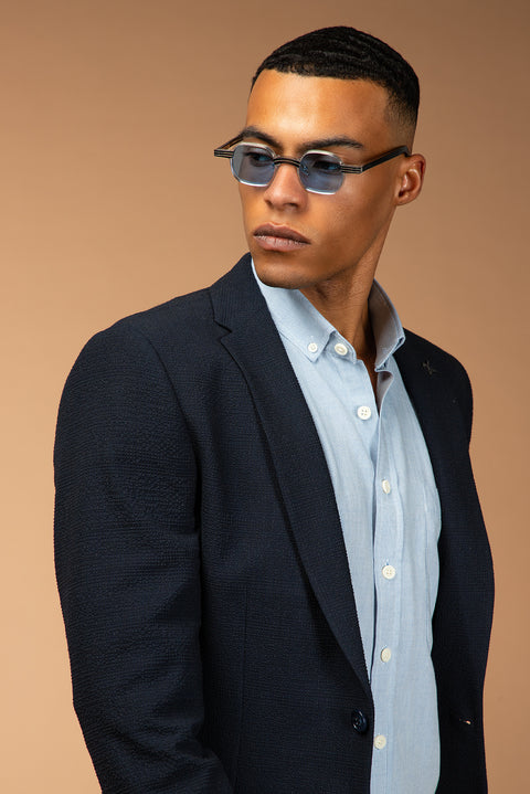 Orta Lacivert 7 Drop Super Slim Fit Eksra Dar Kesim Gofre Ceket