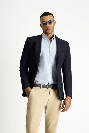 Orta Lacivert Super Slim Fit Ekstra Dar Kesim Gofre Ceket