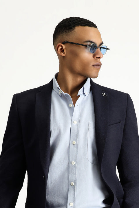 Orta Lacivert 7 Drop Super Slim Fit Eksra Dar Kesim Gofre Ceket