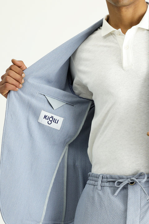 Açık Mavi 7 Drop Super Slim Fit Eksra Dar Kesim Gofre Ceket