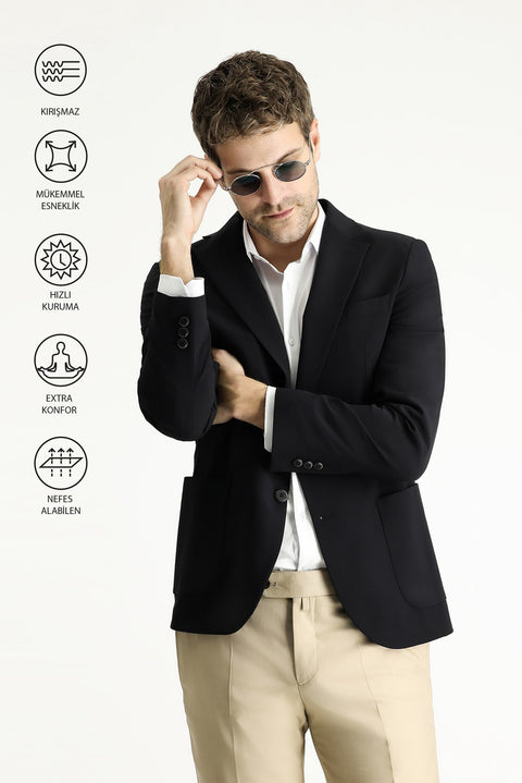 Siyah Techno-Line 7 Drop Slim Fit Dar Kesim Likralı Ceket