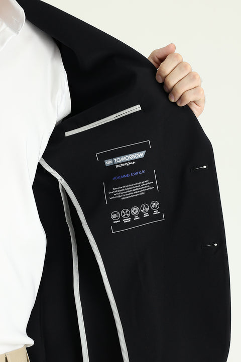 Siyah Techno-Line 7 Drop Slim Fit Dar Kesim Likralı Ceket