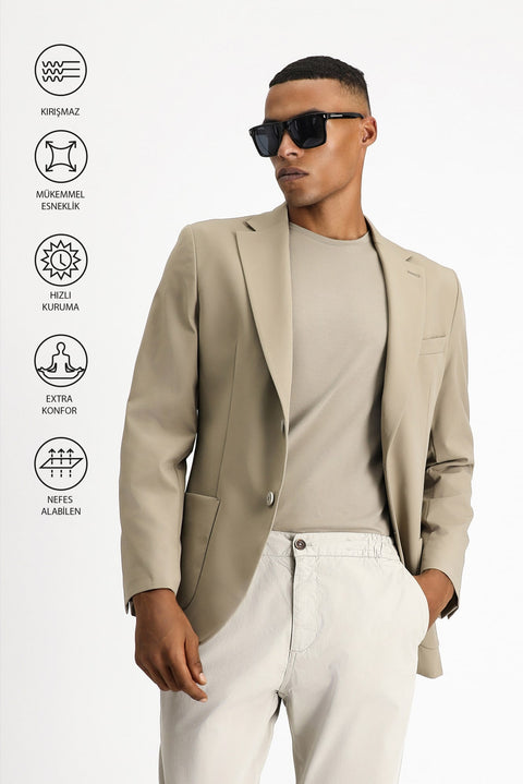 Açık Vizon Techno-Line 7 Drop Slim Fit Dar Kesim Likralı Ceket