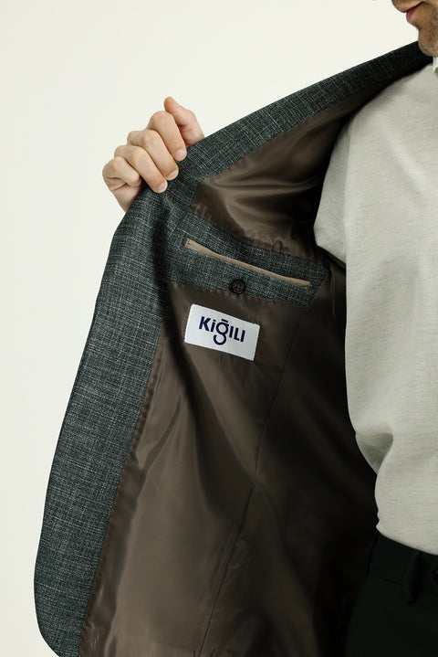 Koyu Yeşil 4 Drop Relaxed Fit Rahat Kesim Keten Karışımlı Ceket