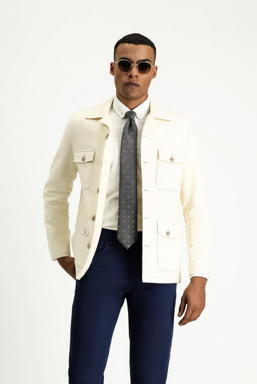 Ekru Regular Fit Keten Karışımlı Spor Ceket