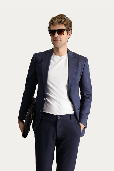  Koyu Lacivert Regular Fit Keten Karışımlı Spor Ceket