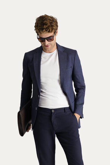  Koyu Lacivert Regular Fit Keten Karışımlı Spor Ceket
