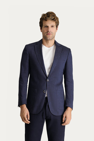  Koyu Lacivert Regular Fit Keten Karışımlı Spor Ceket