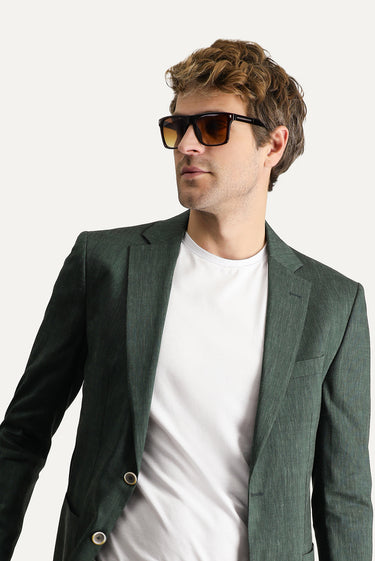 Koyu Yeşil Regular Fit Keten Karışımlı Spor Ceket