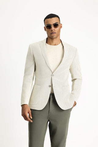  Krem 7 Drop Super Slim Fit Eksra Dar Kesim Desenli Keten Karışımlı Yünlü Spor Ceket
