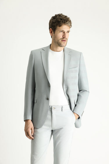 Uçuk Mavi Relaxed Fit Rahat Kesim Klasik Ekose Gofre Ceket