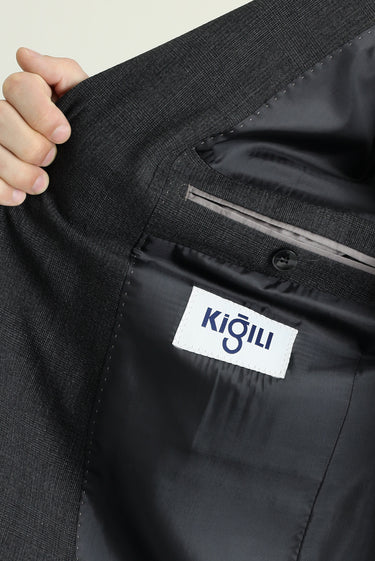 Koyu Antrasit Regular Fit Klasik Ekose Gofre Ceket