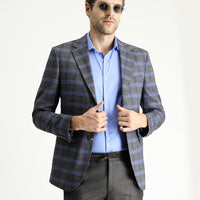 Koyu Füme Slim Fit Dar Kesim Ekose Keten Karışımlı Ceket