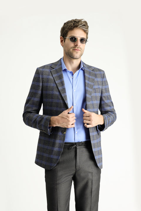 Koyu Füme 7 Drop Slim Fit Dar Kesim Ekose Keten Karışımlı Ceket