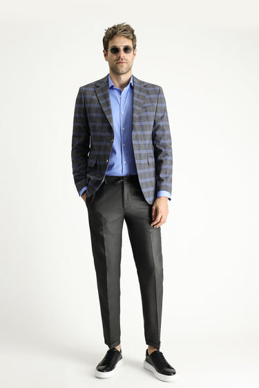 Koyu Füme Slim Fit Dar Kesim Ekose Keten Karışımlı Ceket