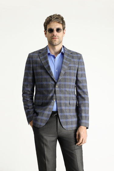 Koyu Füme Slim Fit Dar Kesim Ekose Keten Karışımlı Ceket