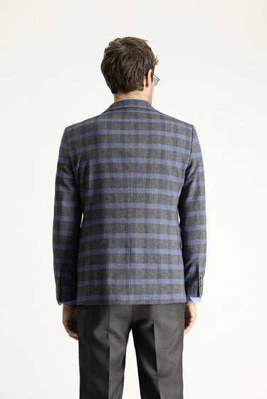 Koyu Füme Slim Fit Dar Kesim Ekose Keten Karışımlı Ceket