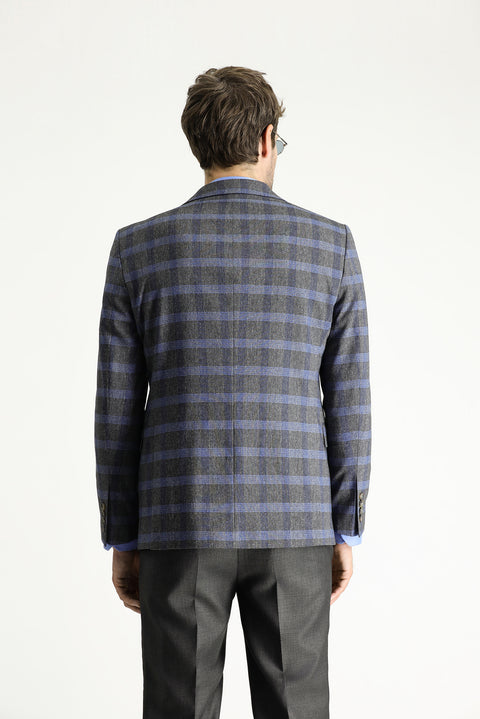 Koyu Füme 7 Drop Slim Fit Dar Kesim Ekose Keten Karışımlı Ceket