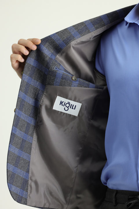 Koyu Füme 7 Drop Slim Fit Dar Kesim Ekose Keten Karışımlı Ceket