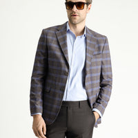 Orta Kahve 7 Drop Slim Fit Dar Kesim Ekose Keten Karışımlı Ceket