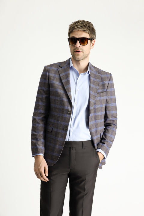 Orta Kahve 7 Drop Slim Fit Dar Kesim Ekose Keten Karışımlı Ceket