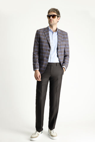  Orta Kahve Slim Fit Dar Kesim Ekose Keten Karışımlı Ceket