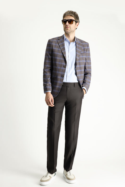 Orta Kahve 7 Drop Slim Fit Dar Kesim Ekose Keten Karışımlı Ceket