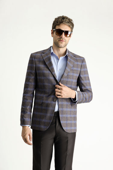  Orta Kahve Slim Fit Dar Kesim Ekose Keten Karışımlı Ceket