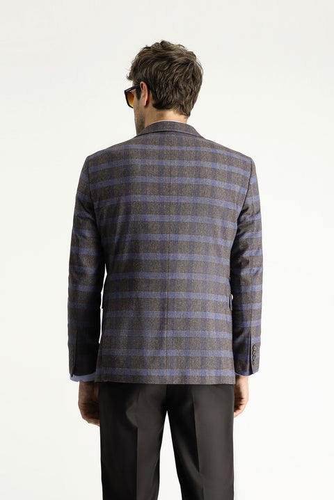 Orta Kahve 7 Drop Slim Fit Dar Kesim Ekose Keten Karışımlı Ceket