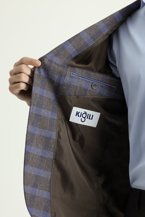 Orta Kahve 7 Drop Slim Fit Dar Kesim Ekose Keten Karışımlı Ceket