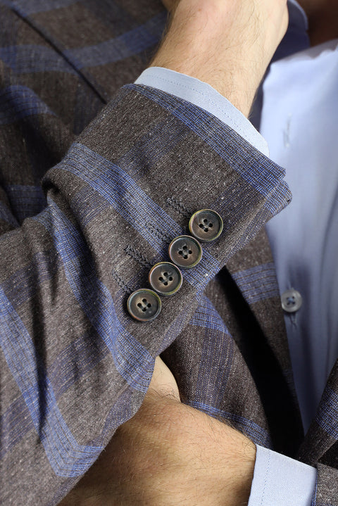 Orta Kahve 6 Drop Regular Fit Standart Kesim Ekose Keten Karışımlı Ceket