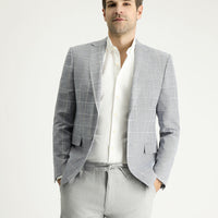 Açık Lacivert Slim Fit Dar Kesim Ekose Pamuklu Keten Karışımlı Ceket