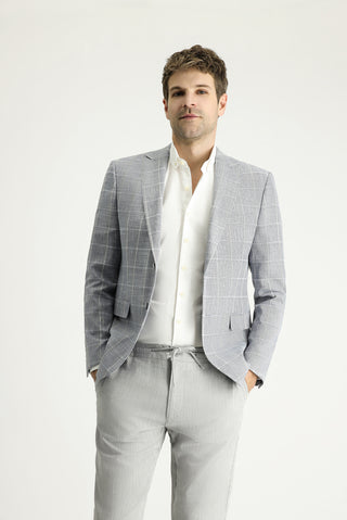  Açık Lacivert Slim Fit Dar Kesim Ekose Pamuklu Keten Karışımlı Ceket