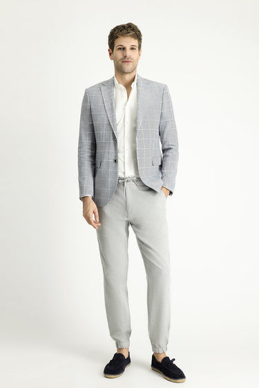 Açık Lacivert Slim Fit Dar Kesim Ekose Pamuklu Keten Karışımlı Ceket