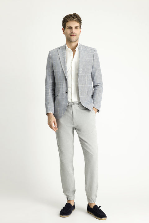 Açık Lacivert 7 Drop Slim Fit Dar Kesim Ekose Pamuklu Keten Karışımlı Ceket