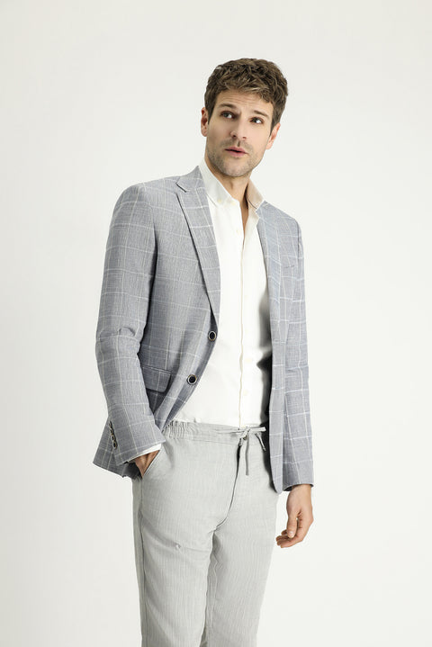 Açık Lacivert 7 Drop Slim Fit Dar Kesim Ekose Pamuklu Keten Karışımlı Ceket