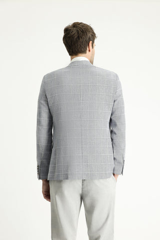  Açık Lacivert Slim Fit Dar Kesim Ekose Pamuklu Keten Karışımlı Ceket
