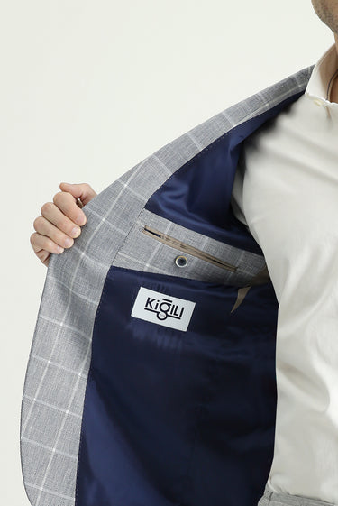 Açık Lacivert Slim Fit Dar Kesim Ekose Pamuklu Keten Karışımlı Ceket