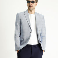 Açık Mavi Slim Fit Dar Kesim Ekose Pamuklu Keten Karışımlı Ceket