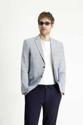  Açık Mavi Slim Fit Dar Kesim Ekose Pamuklu Keten Karışımlı Ceket