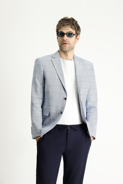 Açık Mavi 7 Drop Slim Fit Dar Kesim Ekose Pamuklu Keten Karışımlı Ceket