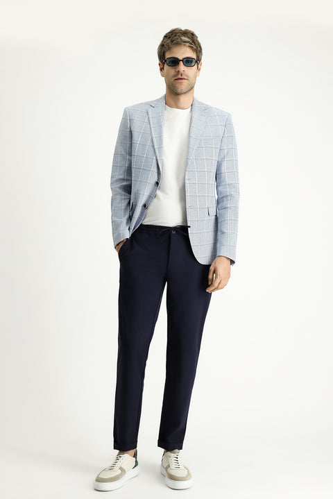 Açık Mavi 7 Drop Slim Fit Dar Kesim Ekose Pamuklu Keten Karışımlı Ceket