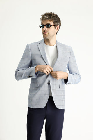  Açık Mavi Slim Fit Dar Kesim Ekose Pamuklu Keten Karışımlı Ceket