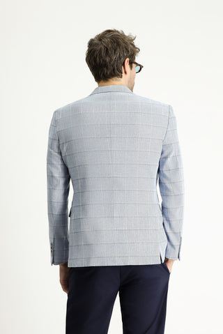  Açık Mavi Slim Fit Dar Kesim Ekose Pamuklu Keten Karışımlı Ceket